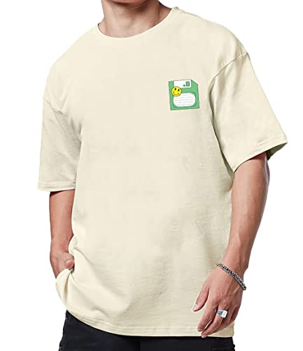 Image of Veirdo Men's Cotton Loose Oversize Baggy Fit Drop Shoulder Cool and Stylish Pocket Floppy Print Design Half Sleeve Beige T-Shirt
