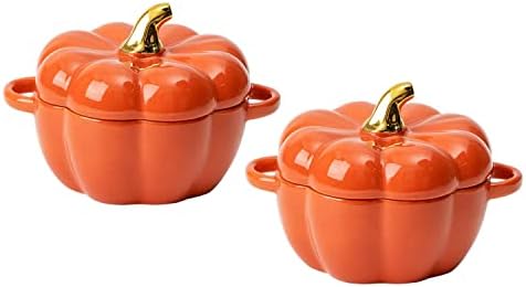Pumpkin Bowl Set with Lid and Handle, Set of 2 Ceramic Ramekins for Baking, Casserole Dish Individual Severing Pot, Stoneware, Oven Safe, 14 Oz (Orange)
