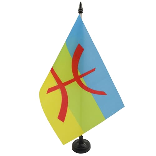 AZ FLAG - Drapeau De Table Kabylie 21x14 cm - Petit Drapeau Kabyle De Bureau 100% Polyester Avec Hampe De 25cm Et Socle En Plastique Noir