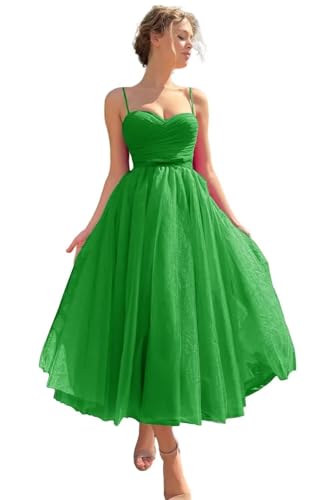 Image of A line Ruched Tulle Prom Dress Spaghetti Straps for Women, Tea Length Sweetheart Homecoming Dress Cocktail Dress