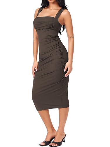 CIDER Women Midi Dress Bodycon Square Neck Sleeveless Ruched Sexy Cocktail Party Going Out Dresses3