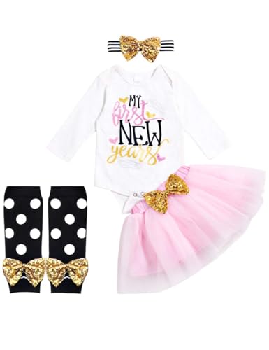 Image of Newborn Baby Girl My First New Year Outfit Long Sleeve Romper Tutu Skirt with Headband and Leggings 4Pcs Clothes Sets