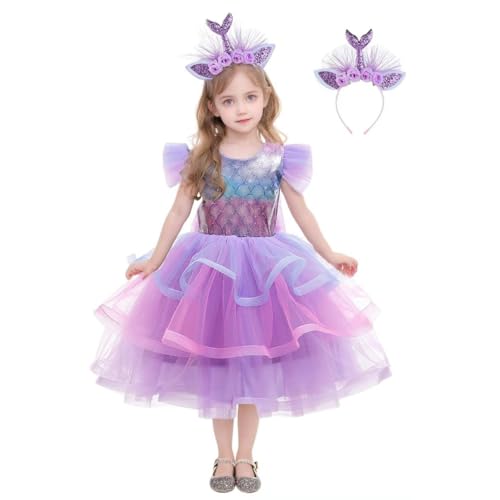 Girl Purple Mermaid Summer Dress Cute Ruffle Sleeve Dress Casual Clothing Set Birthday Party Halloween Outfit Playwear
