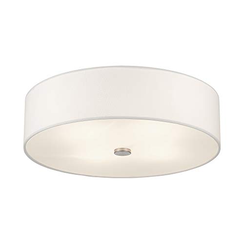 Image of Livex Lighting 51055-91 4-Light Semi Flush Ceiling Light, Brushed Nickel | Off-White Fabric Hardback Drum Shade