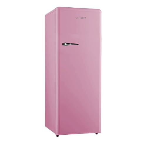 SCHOEPF – RKS245 Vollraum-Kühlschrank 145,6 cm – Retro Design – 238 L – LED-Beleuchtung – Höhenverst. Füße – 40 dB – Freistehend – Vintage Look - Getränkekühlschrank, Standardkühlschrank (Pink)