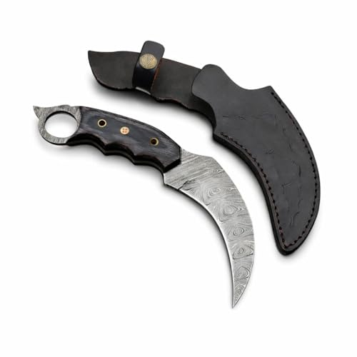 H & H BLADES Handmade Damascus Steel Karambit Knife,Curved Fixed Blade with Full Tang, Wood Handle & Leather Sheath | Outdoor, Camping & Knife Collection Gift