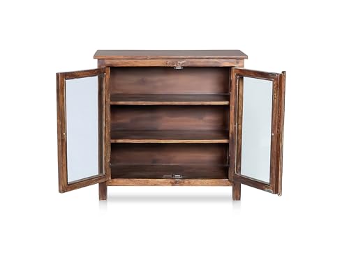 Image of APRODZ 2 Door Cabinet with Wicker Front 2 Shelves | Mango Wood Storage Organizer | Rustic Durable Stylish Wooden Furniture | Compact Design Home Decor (Tubaq)