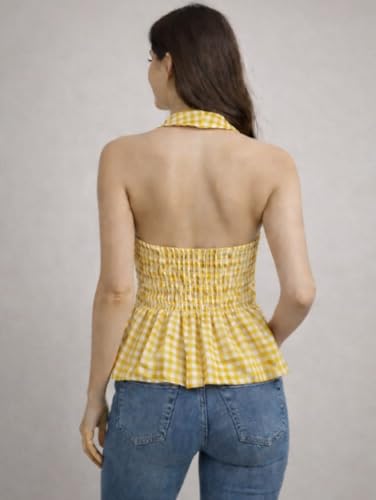 Image of Muhib Women's Halter Neck Sleeveless Cotton Top | Black & White Gingham Check Twist Front Summer Top | Stylish Casual Crop Blouse for Women
