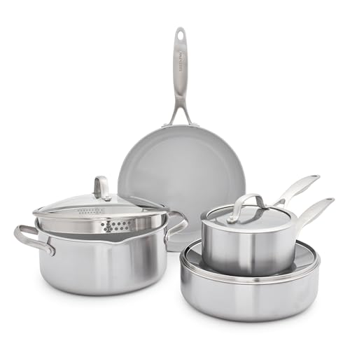 GreenPan Venice Tri-Ply 7-teiliges Kochgeschirr-Set, Kochtopf- und Pfannen-Set, Gesundes Antihaft-Kochgeschirr aus Edelstahl, PFAS-frei, Induktion, Spülmaschinenfest, Backofenfest, Silber