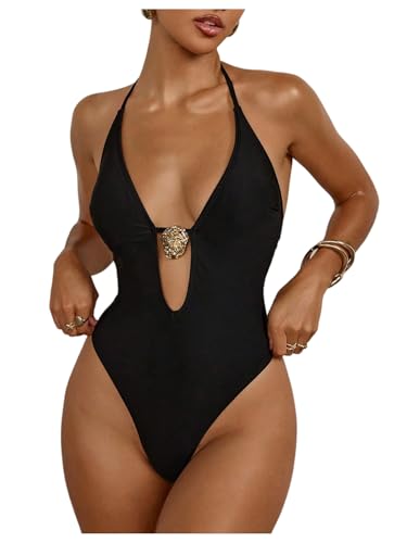 GORGLITTER Women's Cut Out One Piece Swimsuit Metal Tie Backless Sleeveless Tummy Control Slimming Swimwear