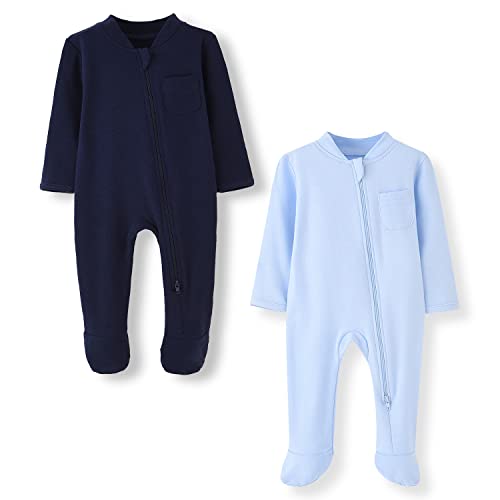 BINIDUCKLING Lot de 2 grenouillères à double fermeture éclair pour bébé garçon et fille – Fermeture éclair bidirectionnelle, pyjama avec pieds et poignets moufles – Combinaison en coton à manches