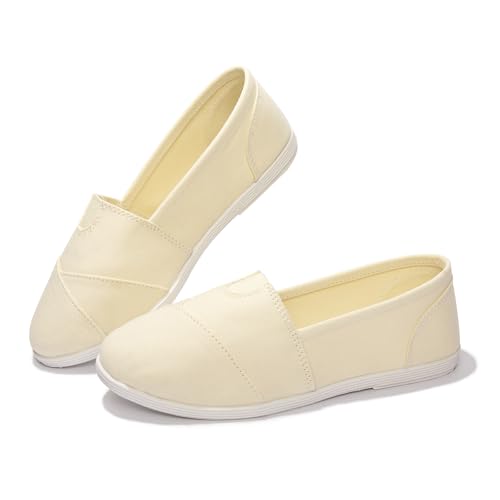 Womens Alpargata Slip On Loafer Flat Shoes Soft Daily Slip-On Casual Arch Support Sneaker Classic Flats Breathable Women's Loafer Canvas Walking Shoes (Beige, US 8)