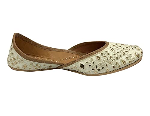 Image of Punjabi Jutti Flats for Women,Cream Bohemian Sandles Traditional Jooti,Handmade Indian Ethnic Beaded Shoes, Crean