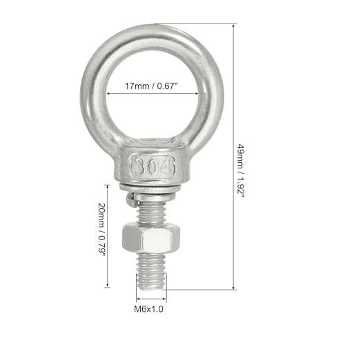 Image of uxcell M6*20 1 /4 inchx0.79 inch Stainless Steel Eye Bolts Threaded Screw Eyebolt Shoulder Ring with Nuts Washers for Lifting Hanging, 2 Set