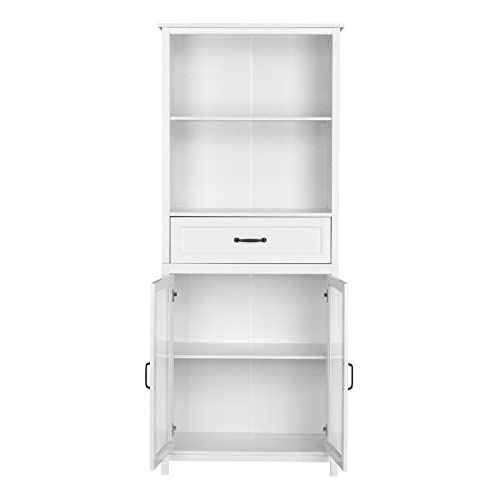 American Country Bookcase With Doors And Shelves - Bookshelf With Large Middle Drawer - Upper Shelf And Lower Two-Door Cabinet - Mdf Spray Paint Tall Storage Organizer For Home And Office - White #TOP4
