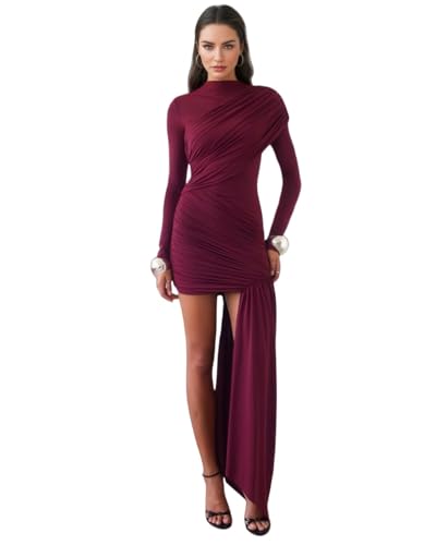 Caviotess Women’s Elegant Flowy Ribbon Long Sleeve Maxi Dress Irregular Ruched Bodycon Fall Dress Pleated Formal Dresses Burgundy