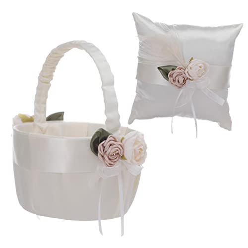 ULDIGI 1Set Elegant Wedding Ring Pillow and Flower Girl Basket Set Romantic Decoration for Engagements Anniversaries and Ceremonies Cushion and Flower Basket for Special