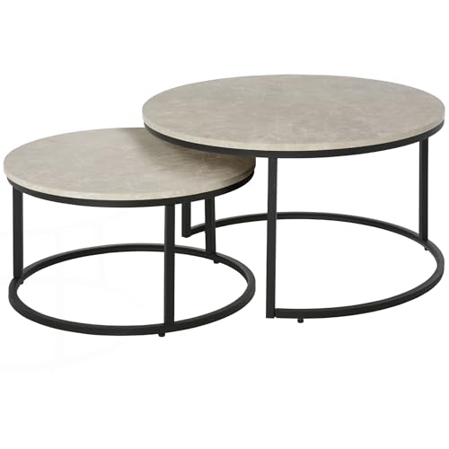 HOMCOM Set 2 Tavolini da Salotto Sovrapponibili, Tavolini da Caffè Rotondi in Metallo e MDF Effetto Marmo, per Soggiorno, Camera da Letto, Studio e Ufficio, Grigio e Nero