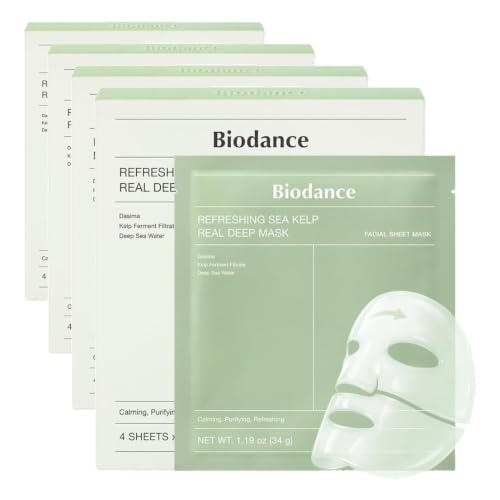 Image of BIODANCE Refreshing Sea kelp Real Deep Mask, Overnight Hydrogel Face Mask, Calming, Oil & Sebum Control, Blemish Care, After Sun Care, Sunburn Relief, Korean Skin Care | 1.19oz(34g) x 4ea (Pack of 4)
