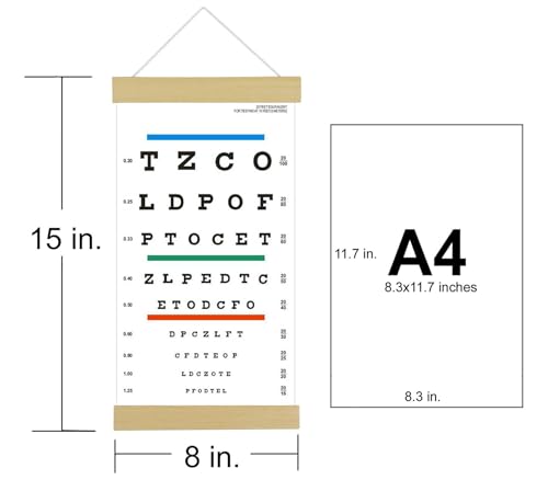 Image of DMCBY Snellen Eye Chart, 8x15 Inches, Eye Exams at 10 Feet Test Distance | Low Vision Eye Test Wall Chart, Snelling Eye Chart, Wood Frame, Canvas, Color Bars for Color Vision Test