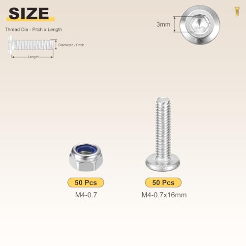 Image of METALLIXITY Crib Screws Replacement Set(M4-0.7x16) 100Pcs, Silver Tone, 304 Stainless Steel Hex Socket Screws with Lock Nuts - for Furniture Woodworking Project, Silver Tone