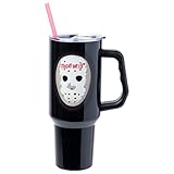 Silver Buffalo Friday The 13th Stainless Steel Tumbler with Handle Featuring Jason Voorhees’s Mask, Fits in Standard Cup Holder, 40 Ounces