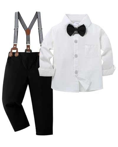 Image of YALLET Toddler Baby Boy Clothes Suit Gentleman Wedding Outfits Formal Dress Shirt+Bowtie+Suspender Pants