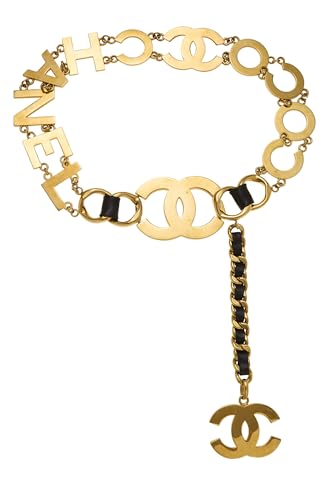 Pre-Loved Gold & Black Leather Logo Letters Chain Belt, Black