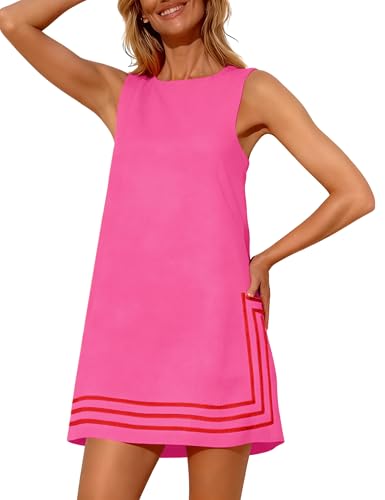 Image of Womens Summer Boho A-Line Mini Dress Sleeveless Sundress Color Block Beach Coverups
