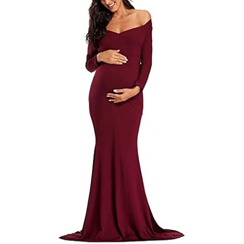 Ecavus Women's Off Shoulder Maternity Dress Slim Cross-Front V Neck Long Sleeve Gowns for Photoshoot Cover