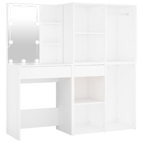 vidaXL Tocador con LED y 2 Armarios Mueble Mesa Maquillaje Vestidor Joyas Cosmético Espejo Almacenamiento Luces Madera Contrachapada Blanco