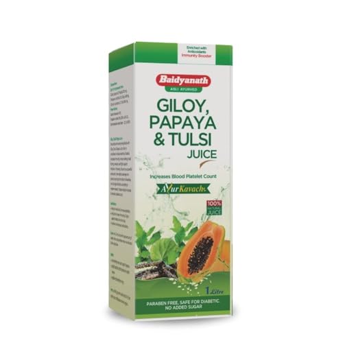 Baidyanath Asli Ayurved Giloy, Papaya & Tulsi Juice - Boost Blood Platelet Count | Ayurvedic Herbal Juice | 1 Ltr