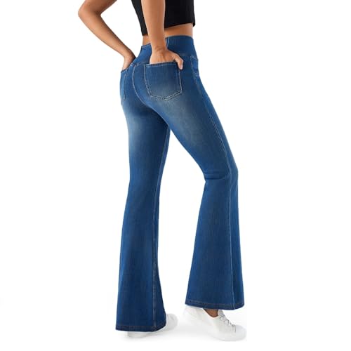 Women’s Stretchy Flare Jeggings - High Rise Crossover Waist, Pull On No Zipper Jeans with Pockets