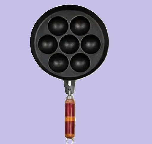 Image of 7 Cavity Iron Appam Patra with Wooden Handle | Paniyaram Appe Maker PanBlack