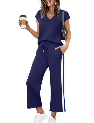 Image of Saloogoe Two Piece Sets for Women Summer Outfits Lounge Sets V Neck Tops Wide Leg Pants Woman Vacation Travel Outfits
