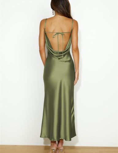 Summer Satin Spaghetti Strap Cowl Neck Backless Midi Dresses for Women Elegant Tie Low Back Ruched Cocktail Dress2