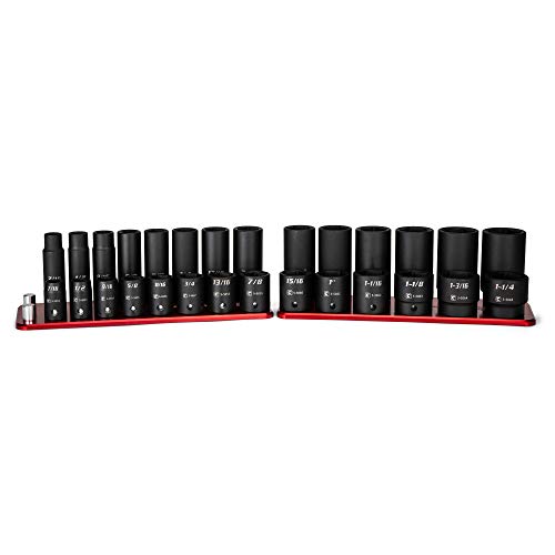 Image of Capri Tools 1 /2 in. Drive Shallow and Deep Impact Socket Set, SAE, 7 /16 to 1-1 /4 in, 28-Piece with Billet Aluminum Socket Rail (CP55000-28SSDR)