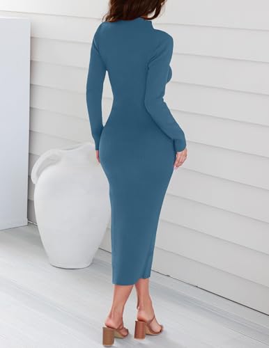 Image of ZESICA Women's 2026 Ribbed Knit Dress Long Sleeve Mock Neck Slim Fit Side Slit Fall Elegant Sweater Dresses