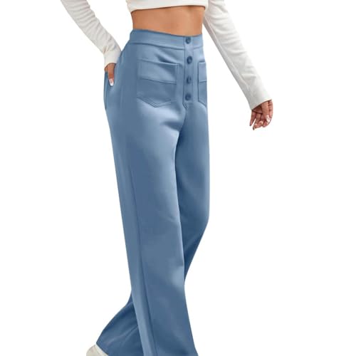Lastesso Work Pants for Women Soft Long Straight Trousers Casual Wid Leg Pants High Waist Button Up Baggy Pants with Pockets2