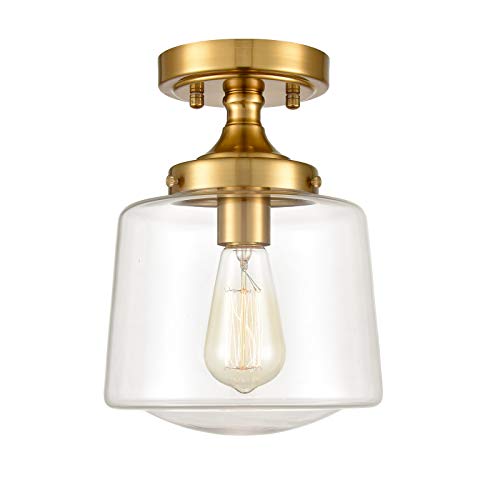 Image of YUBOLE Gold Ceiling Light Mid Century mini Glass Schoolhouse Light Semi-Flush Mount, Clear Glass E26 Based for Kitchen Nurse Room