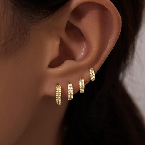 Image of Small Gold Huggie Hoop Earrings Set for Women Men Hypoallergenic 14K Plated Stack Cartilage Earrings, Sterling Silver Multiple Piercing Lightweight Mini Thin Cute Dainty Trendy Jewelry Gifts for Women