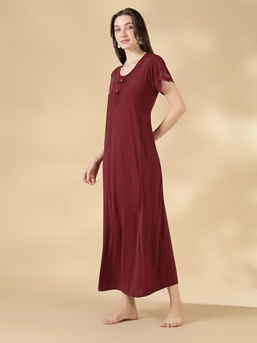 Image of 9shines Label Stylish Soft Modal Maxi Nighty | Honeymoon Nighty | Full Length Trendy Nightgown | V-Neck Lace | Premium Nightdress | Soft Long Nightdress | Maxi Gown Nightwear for Women (Malai Satin)