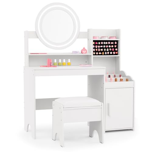 Image of INFANS Kids Vanity with Lights, Princess Makeup Desk with Mirror Storage Shelves, Toddler Table and Chair Set Pretend Play for Girls Aged 4-9
