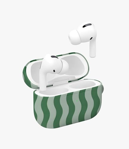 Image of Matcha Wave Glossy Case Compatible with AirPods Pro 1, Cute Green Wavy Stripe Protective Hard Cover with Keychain Loop, Aesthetic Retro Earbud Accessories for Women and Girls