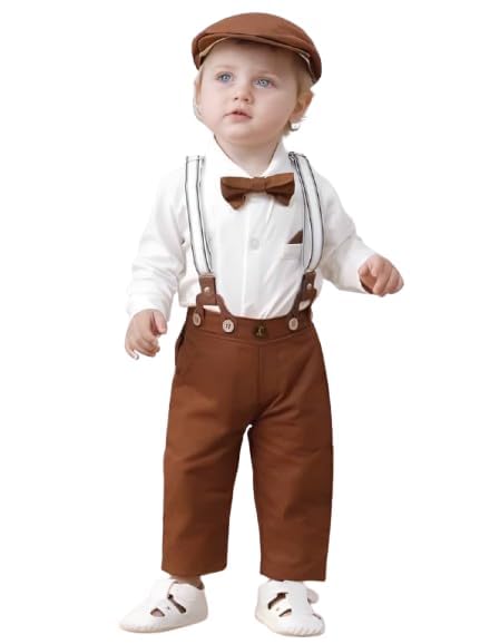 ERITIN Baby Boy Clothes Gentleman Outfits Suits Summer Short Sleeve Bowtie Bodysuit (Shirts,Suspender Shorts, Beret Hat) (Baby, WHITE, 2 YEAR)
