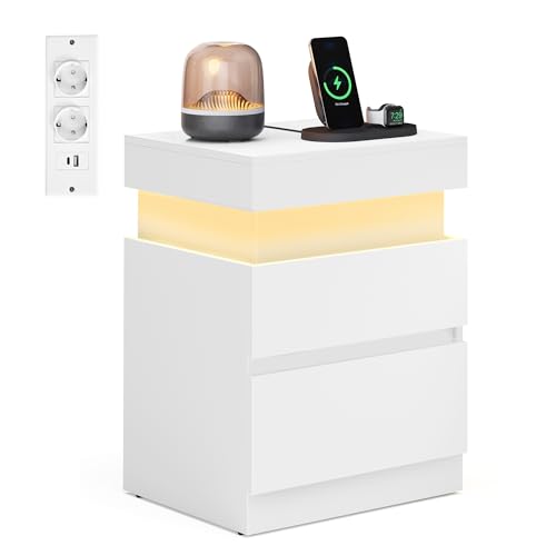 VASAGLE Kailyn Collection - Table de Chevet, avec Multiprise, Couvercle Coulissant, 2 Tiroirs, Bande LED, Petite Table d’Appoint, Style Moderne, 35 x 40 x 55...