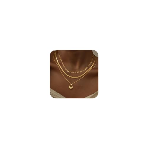 Layered Gold Necklaces for Women, 3Pcs Dainty 14k Gold/Silver Plated Herringbone Choker Set, Trendy Stack Simple Chain Layering Pendant Jewelry