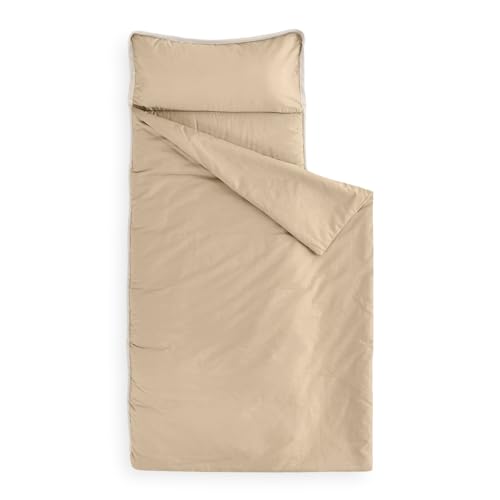 Wake In Cloud - Toddler Nap Mat with Pillow and Blanket, for Kids Boys Girls Ages 3 Plus in Kindergarten Daycare Preschool, Roll Up Sleeping Bag, Solid Color, Warm Beige, Standard
