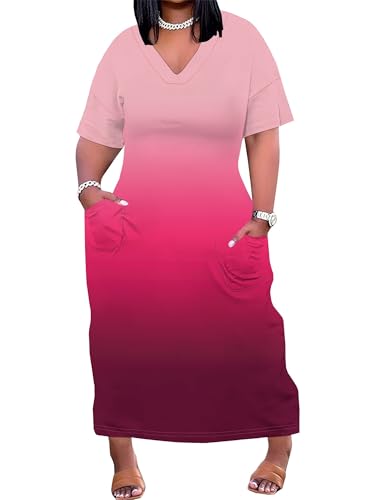 Image of SUZONANA Women Casual T-Shirt Dress V Neck Short Sleeve Solid Color Oversize Dress with Front Two Pockets