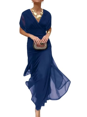 Minetom Robe de Soirée Femme Elegante Col en V Manche Courte Robes de Cocktail Cérémonie Mariage Longue A Bleu XL